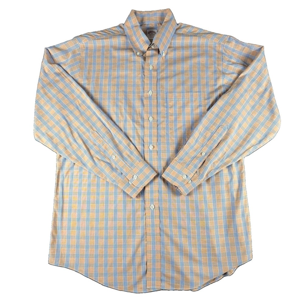 Brooks Brothers Shirt Mens Medium Orange Check Non Iron Long Sleeve Button Down